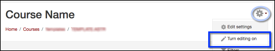 screen shot showing how to turn editing on in Moodle