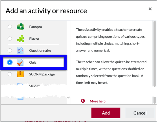 Moodle quiz activity in the activity/resouce chooser