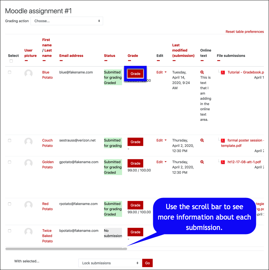 illustration of overview page,  grade button and scroll bar