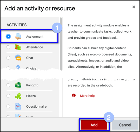 Screenshot of assignment activity in the activity chooser