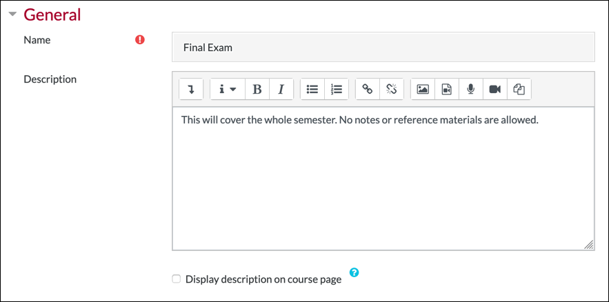 Moodle quiz general settings