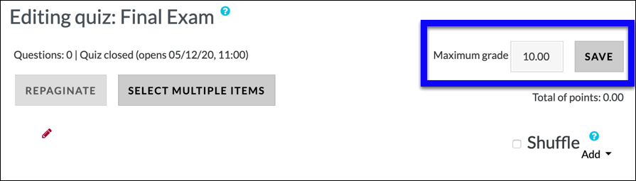 Screenshot showing where you set the maximum grade for this assessment.