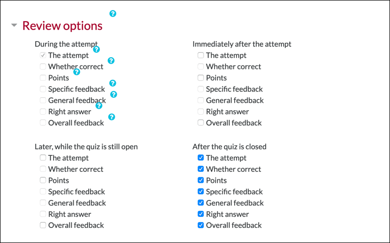 moodle quiz review option settings