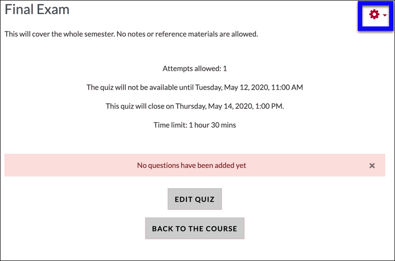 Moodle quiz message confirming settings