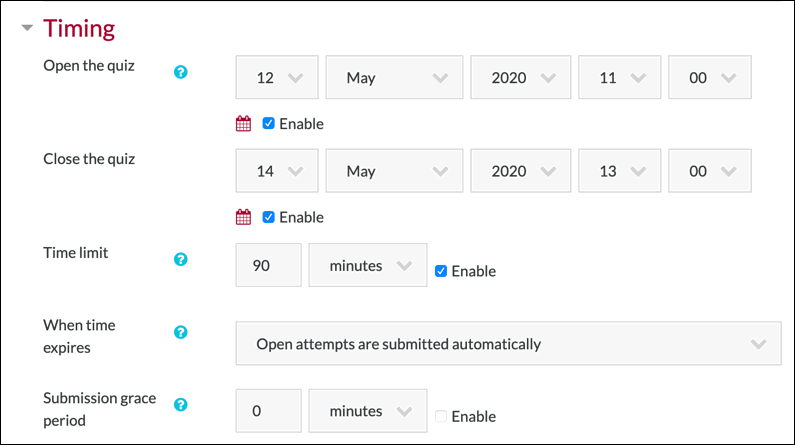 moodle quiz timing settings