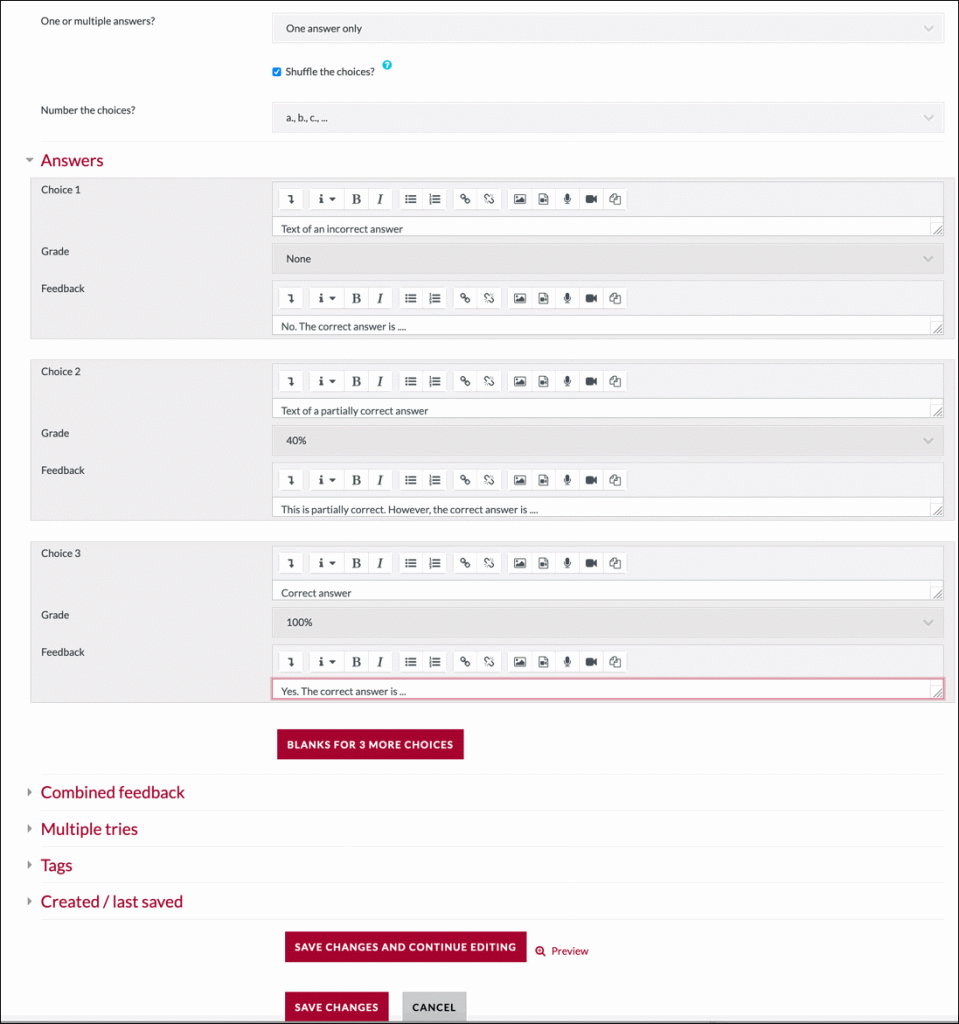 Screenshot of multichoice question form.