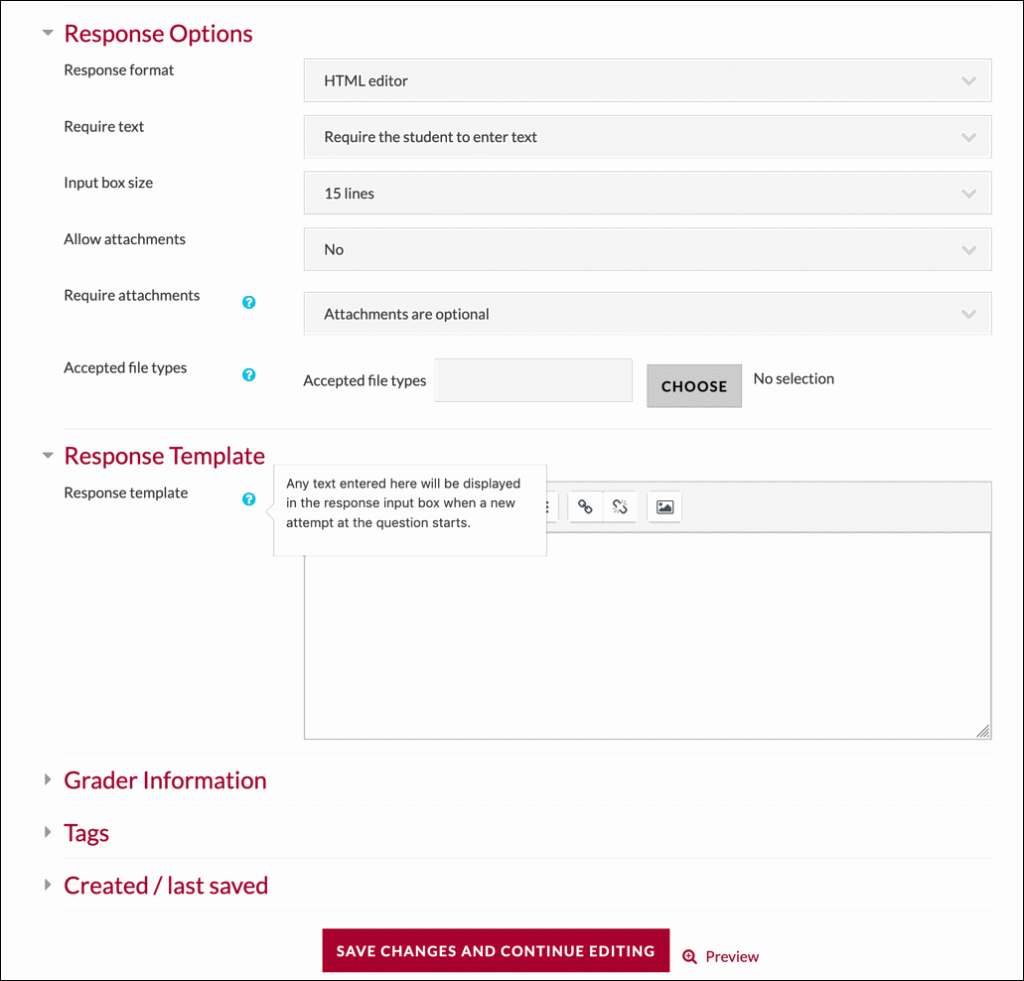 Moodle essay question type specific options