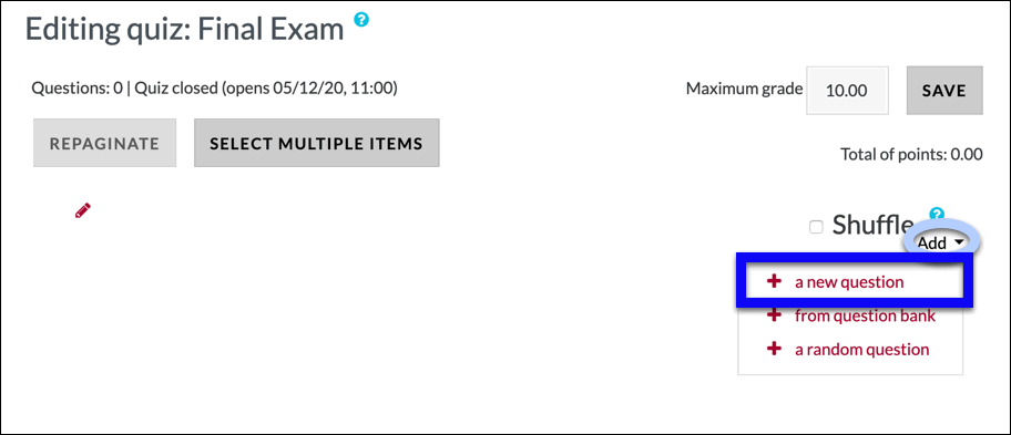 add a new question to your Moodle quiz activity