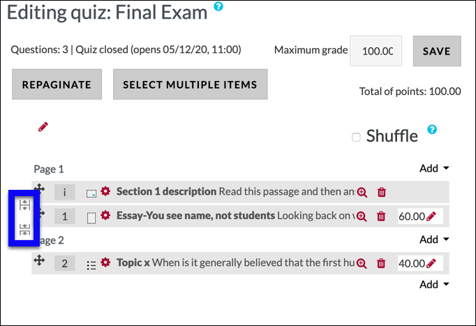 Click on the page break symbols between each question to add or remove pages.