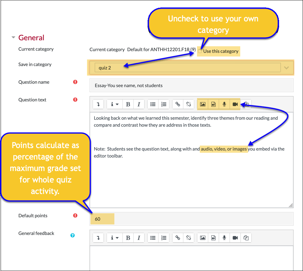 Screenshot of common setting in all quiz questions.