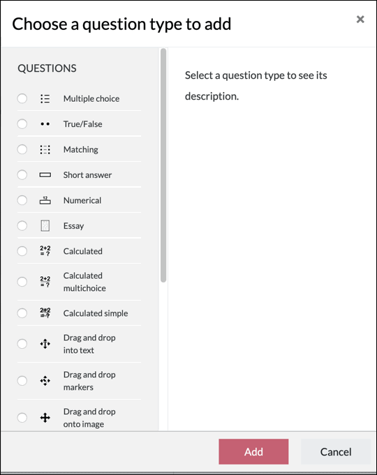 Screenshot of quiz question type select menu.