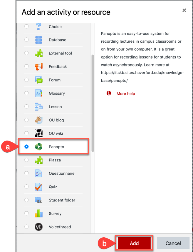 Screenshot showing how to add Panopto link to Moodle