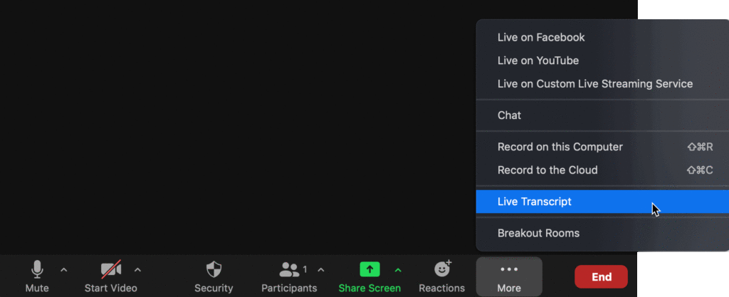Illustration showing where to find Live Transcript under the More button, when the Zoom window is too narrow to have a Live Transcript button.