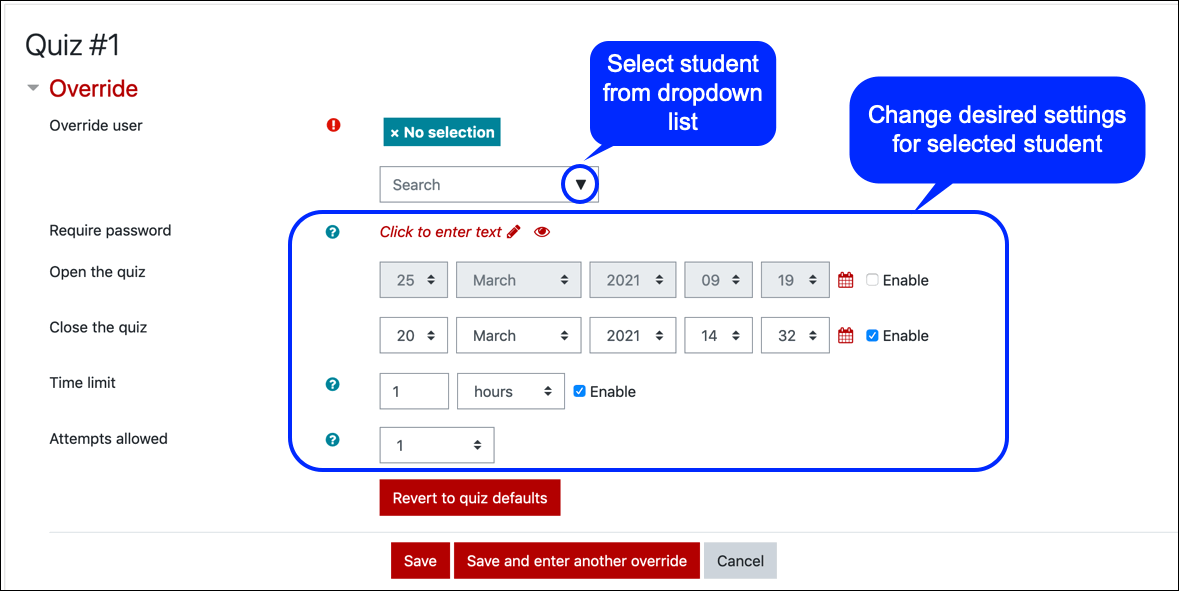 Illustration of quiz override settings for each student