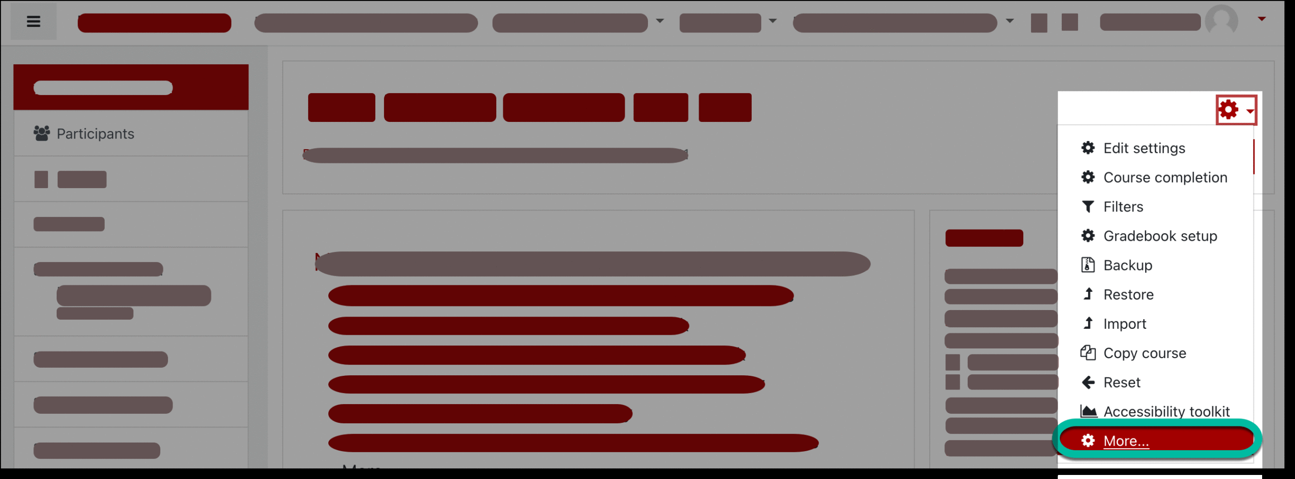 screenshot showing the More option in the course administration/action menu 
