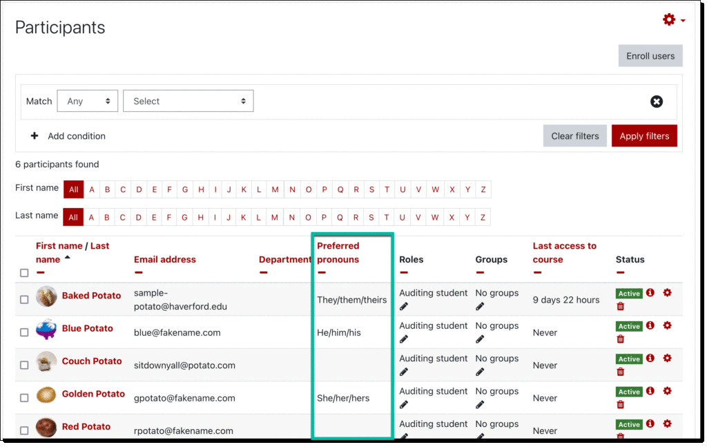 screenshot showing a course participant list, with the pronouns column highlighted