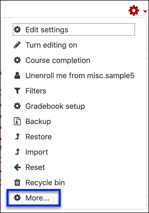 illustration showing where to find the more course admin option