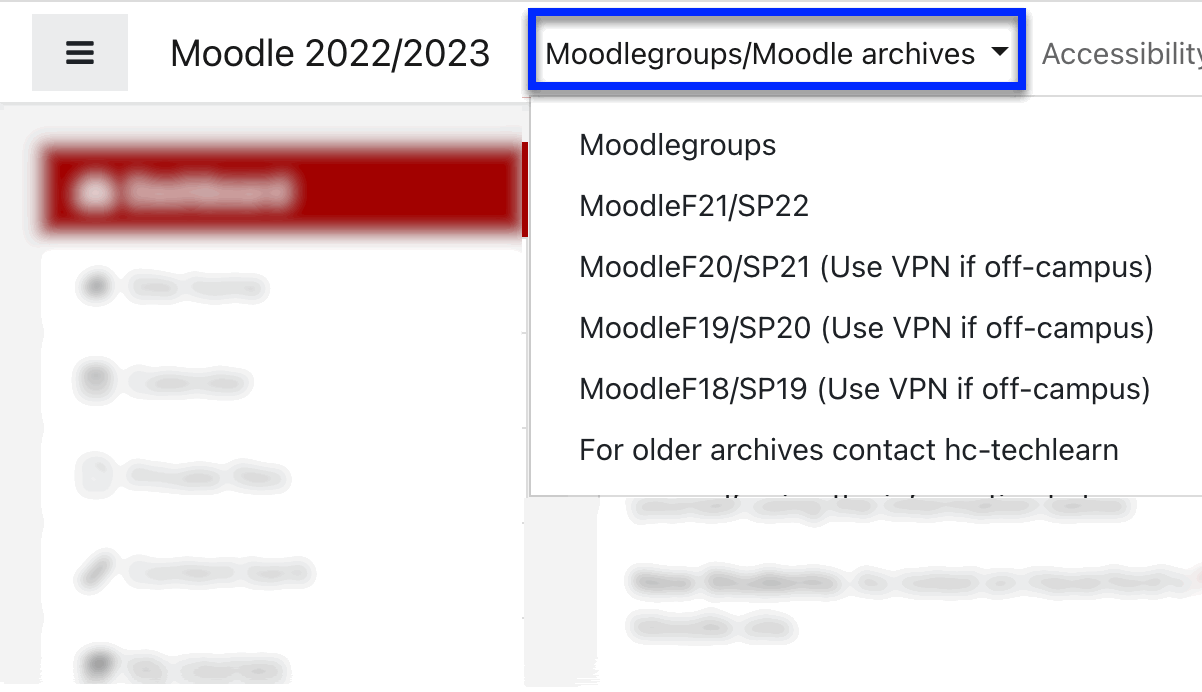 Moodlegroups and archives menu bar